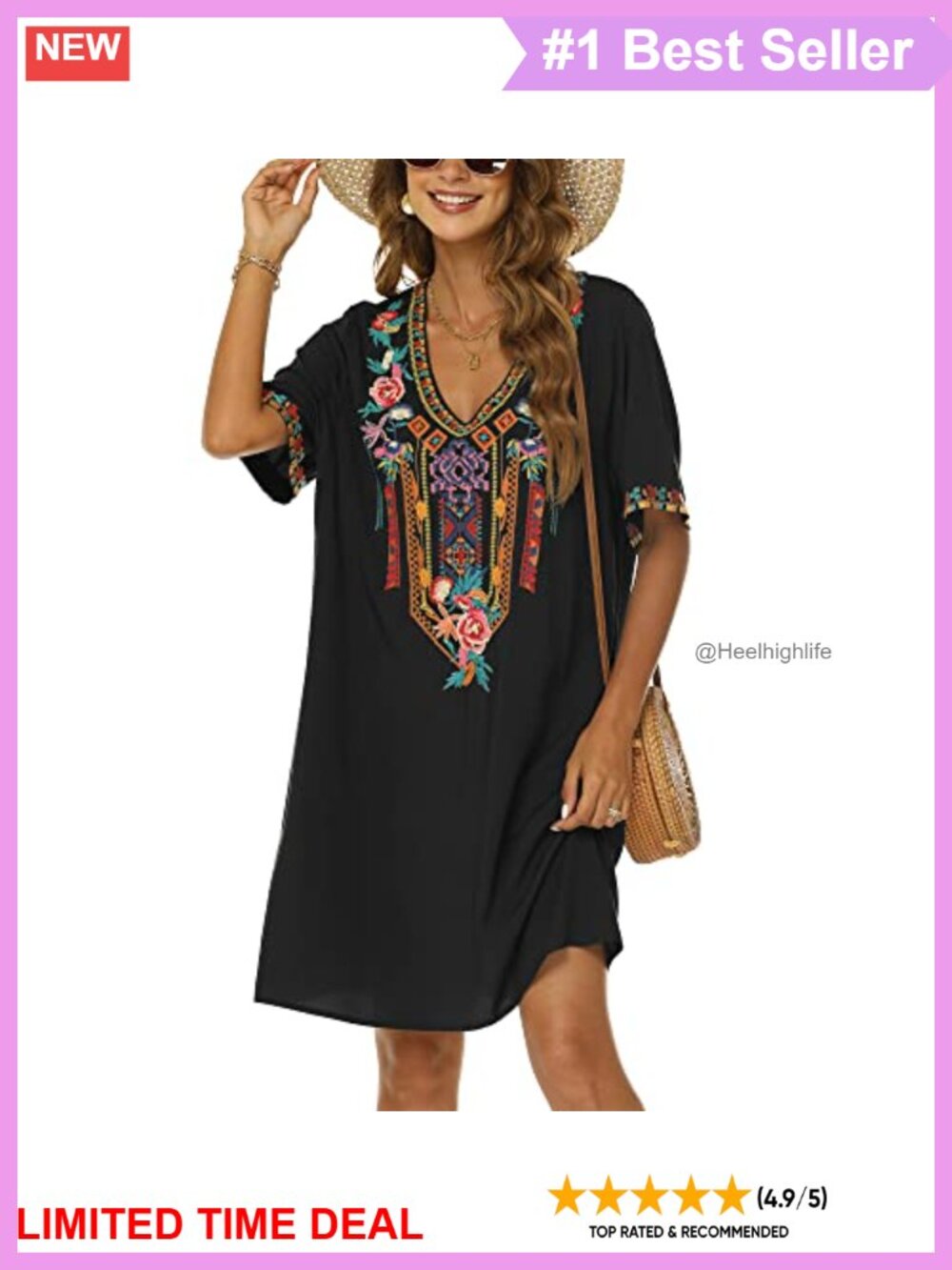 Embroidered Mexican Peasant Dress Boho Floral Tunic Plus Size